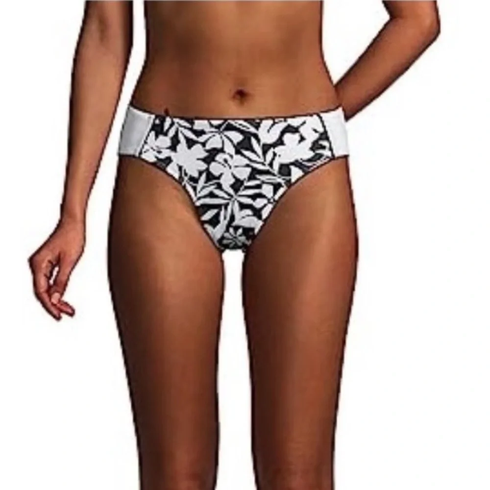 Lands' End Mid Waist Bikini Bottoms. Piped Havana Floral Black + White Sz 8 NWOT
